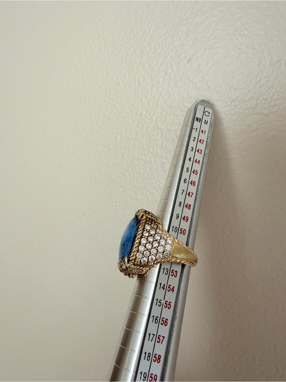 RARE Judith Ripka 925 Gold-Tone Ring with Deep Blue Cabochon and Pavé Accents - Picture 6 of 11